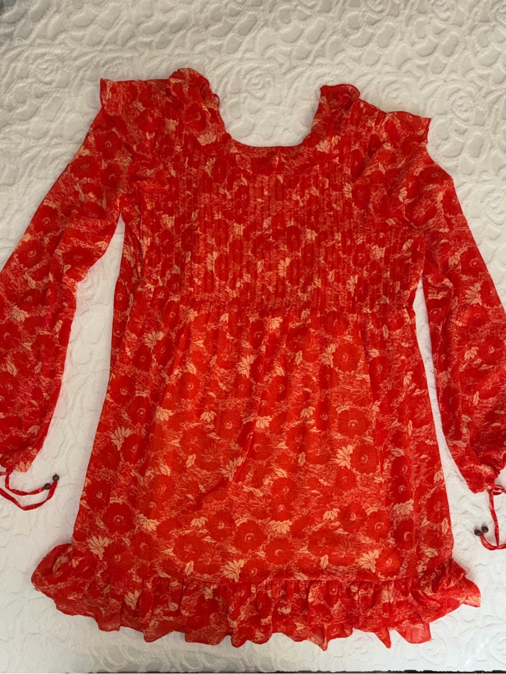 NWT Free People Orange / Red Floral Smocked Long-Sleeve dress